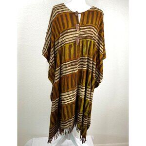 Ramin Dress Women's Brown One Size Tribal Mask Buttons Kaftan Muumuu Fringe Boho